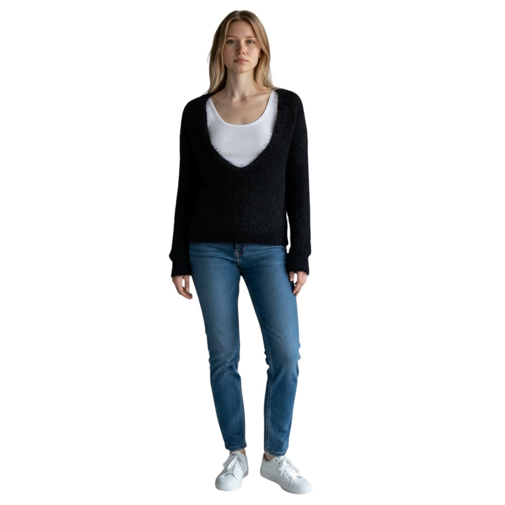 Dries Van Noten Black Long Sleeved V-Neck Fuzzy Sweater