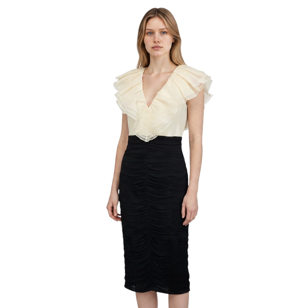 Tadashi Shoji Ivory / Black Ruffled Two-Tone Colorblock Silk Midi Cocktail Dress