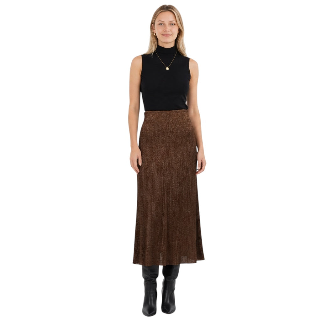Lafayette 148 New York Brown Wool Metallic Finespun Voile Sunburst Ribbed Pull On Skirt