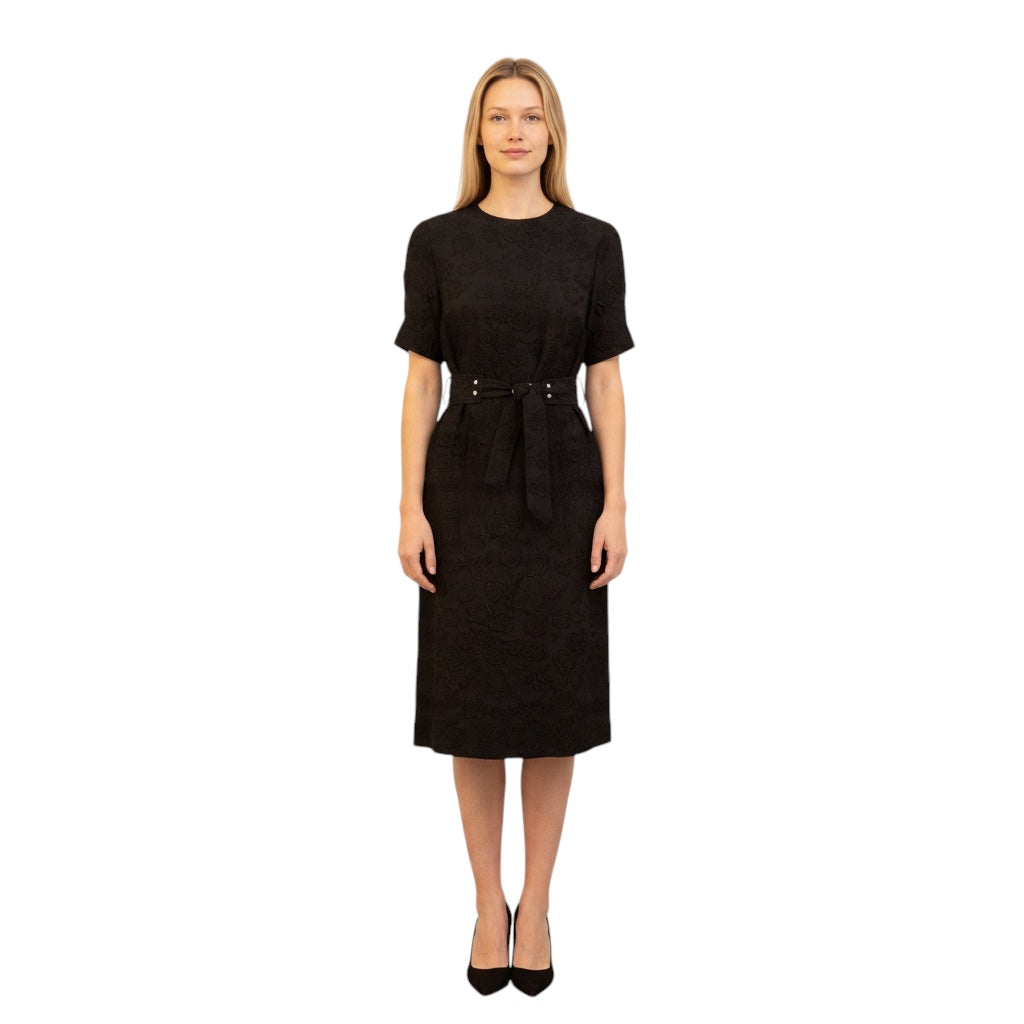 Calvin Klein 205W39NYC Black Short Sleeved Floral Rose Jacquard Midi Dress with Belt