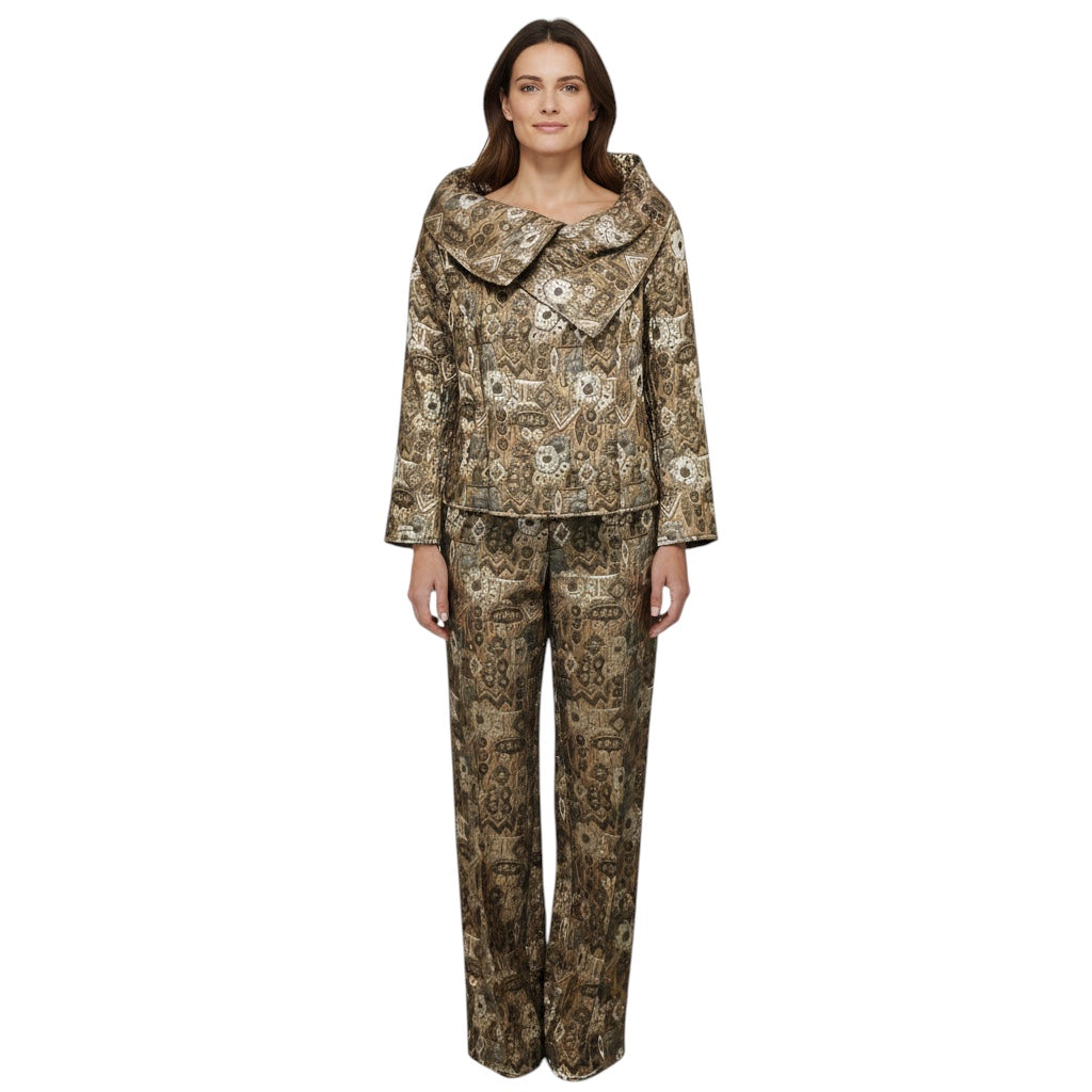 Oscar de la Renta Taupe / Silver Metallic Jacquard Jacket and Pants Suit Set