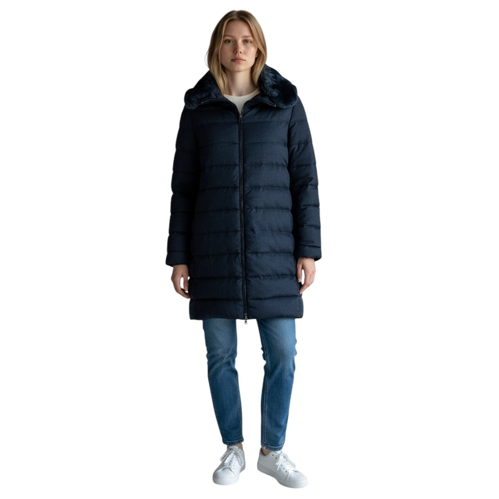 Amina Rubinacci Blue Quilted Zip Front Wool Puffer Coat with Fur Collar