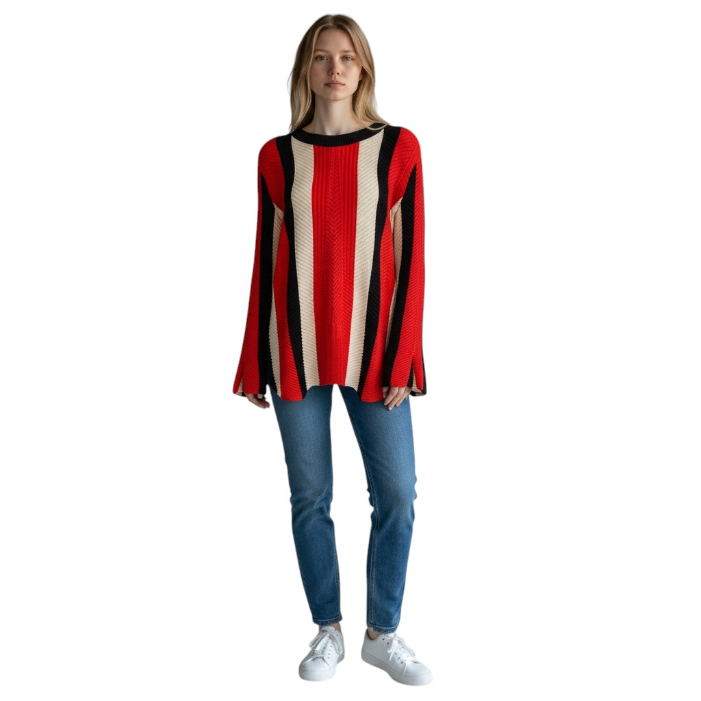 Akris Punto Orange / Cream / Black Long Sleeved Wool Knit Pullover Sweater