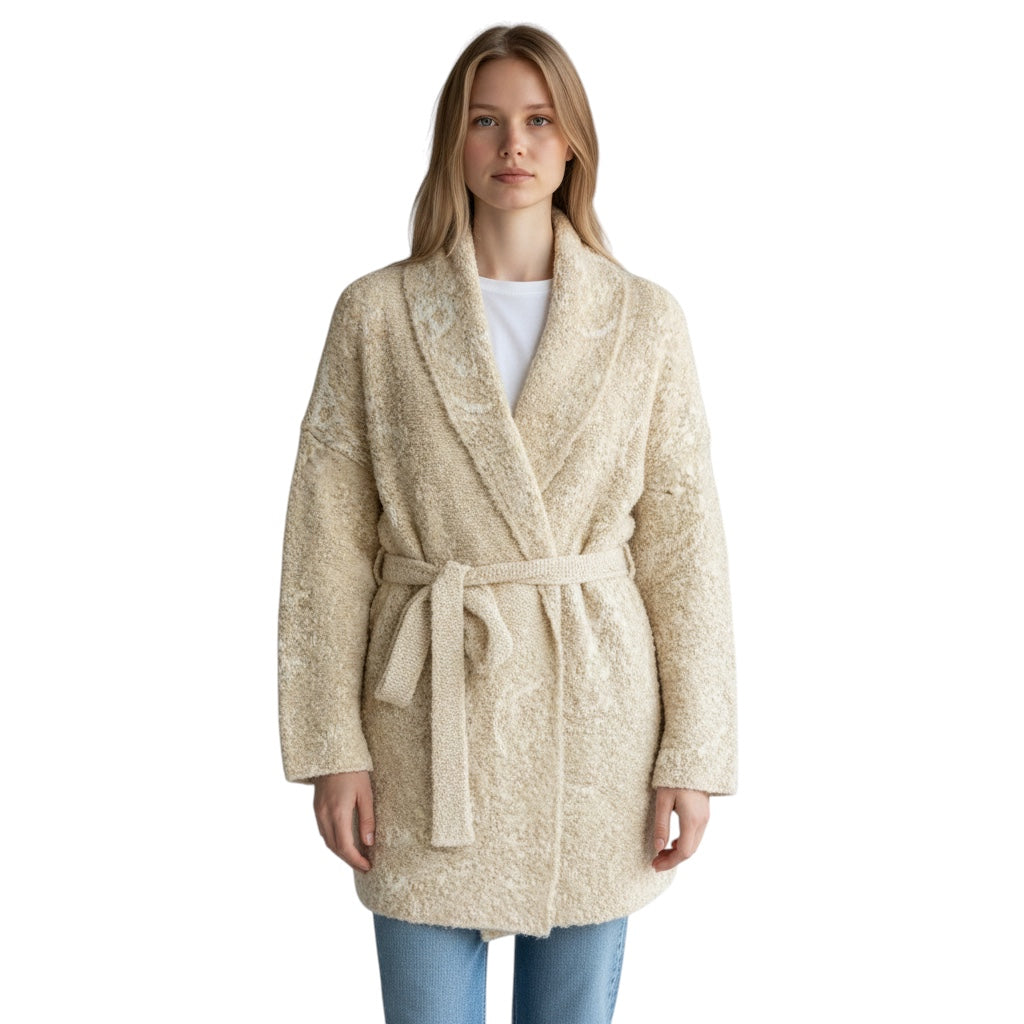 Momoni Beige Reading Knitwear Jacquard Knit Cardigan Sweater