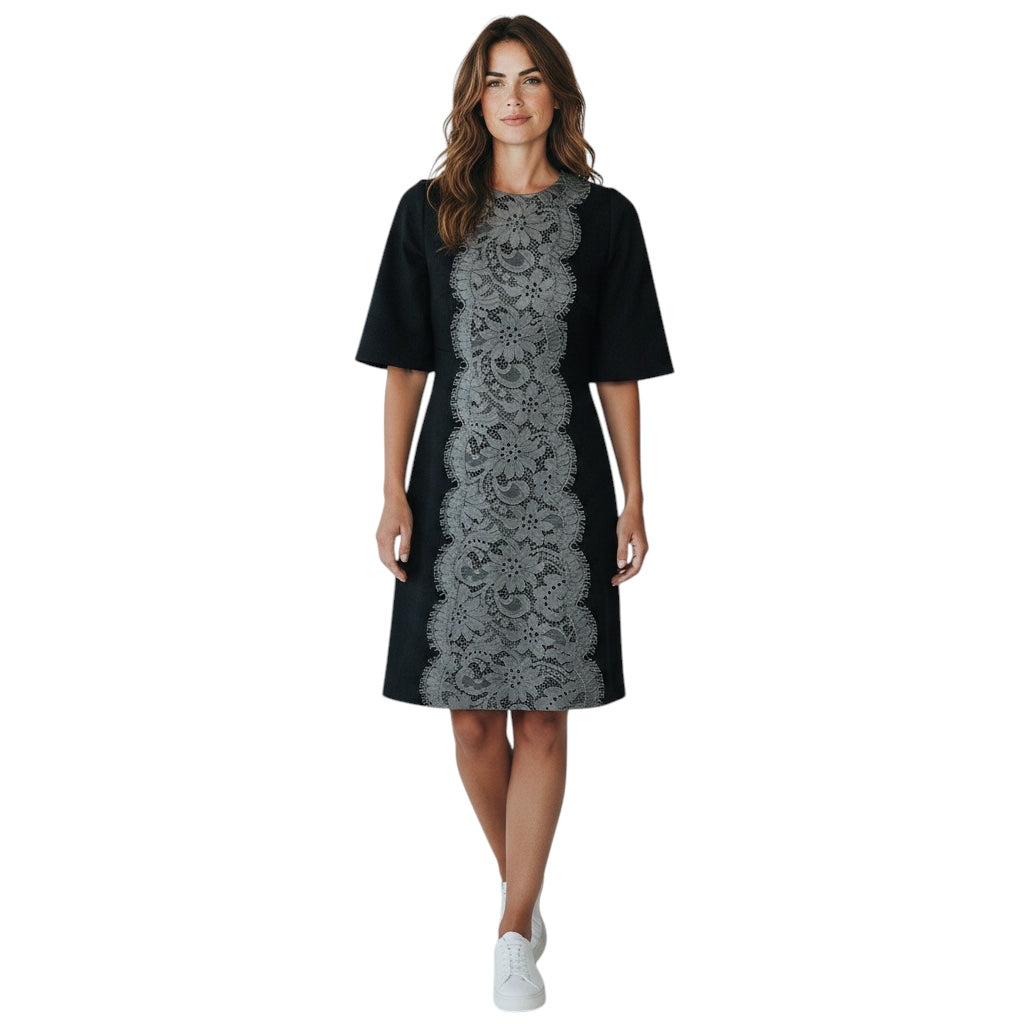 Dolce & Gabbana Charcoal Grey Lace Trimmed Short Sleeved Cashmere Dress
