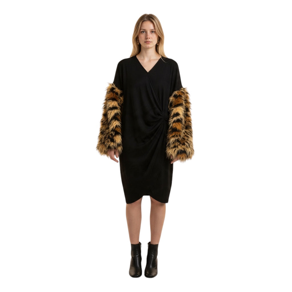 Junya Watanabe Black / Tan Faux Fur Embellished Asymmetric Crepe Dress