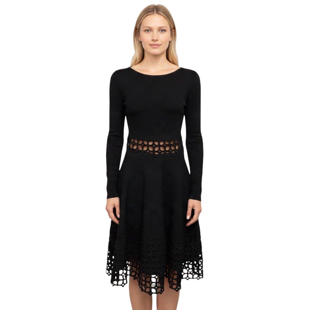 Lela Rose Black Long Sleeved Flared Knit Dress with Embroidered Lattice Lace Trim
