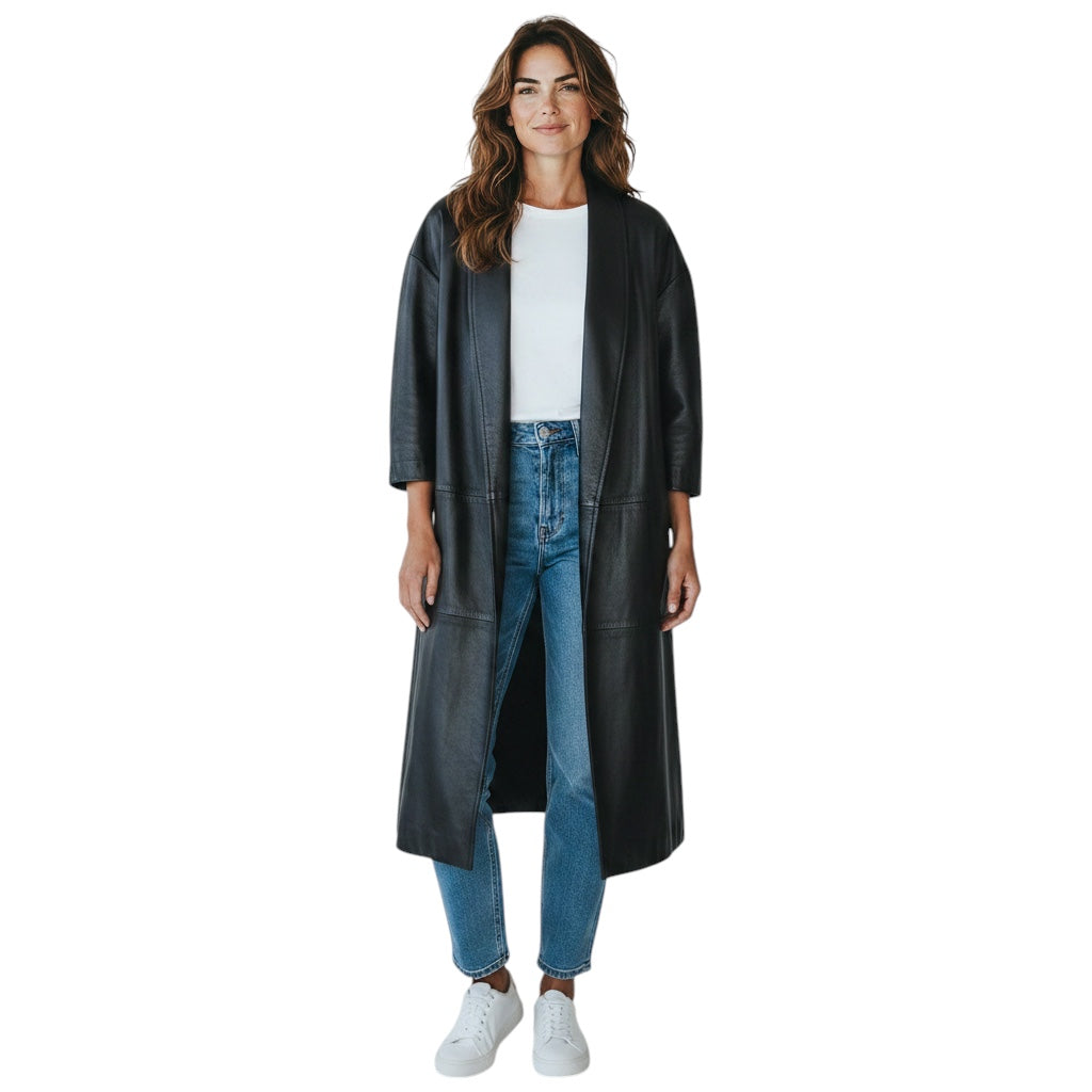 Fear of God Black Marbella Cow Leather Open Front Mid Length Coat