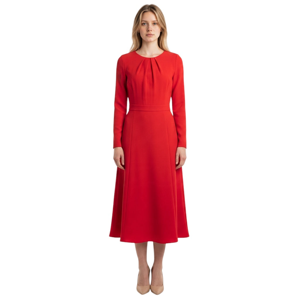 Carolina Herrera Red Long Sleeved Crepe Midi Dress