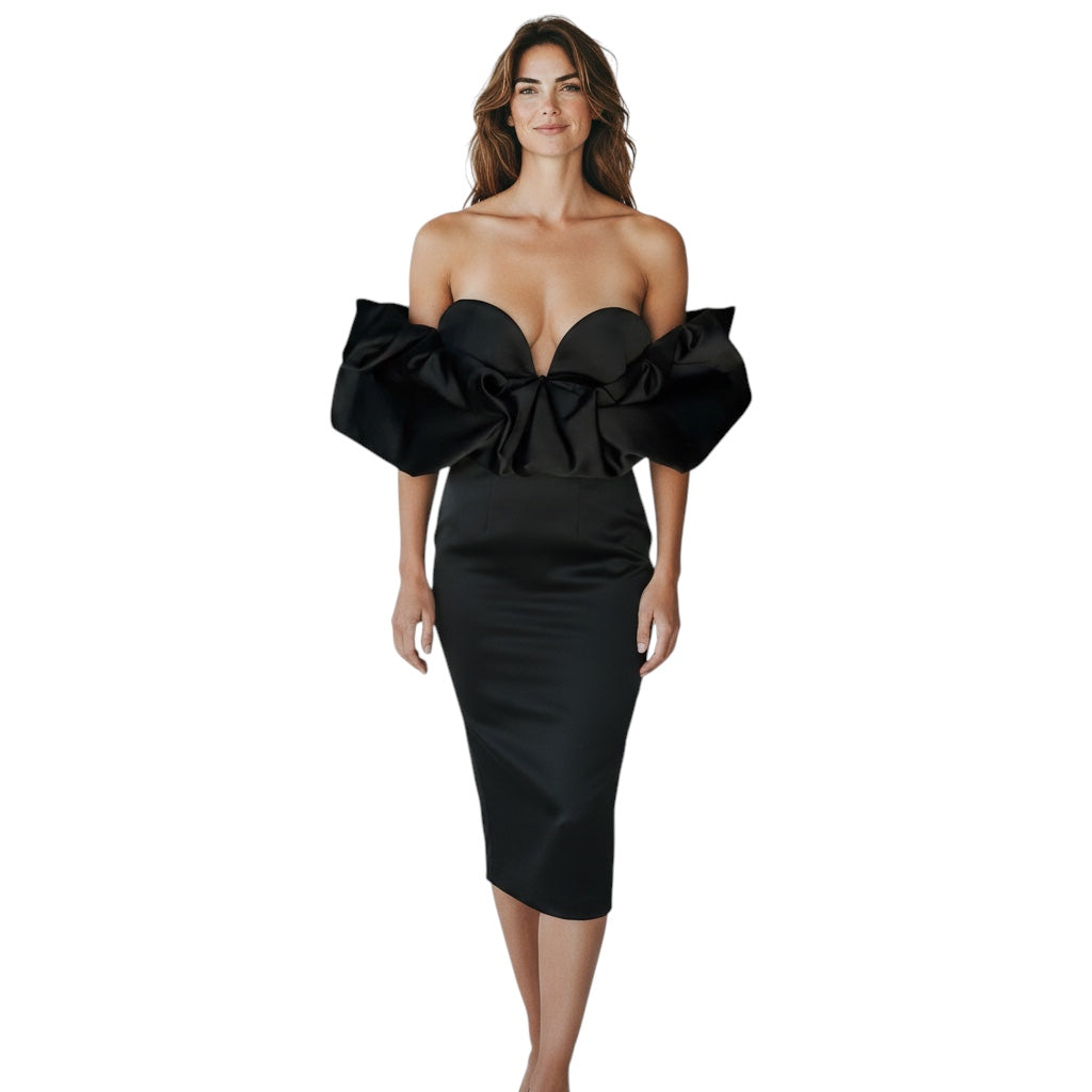 Elisabetta Franchi Black Off-Shoulder Duchess Satin Midi Dress