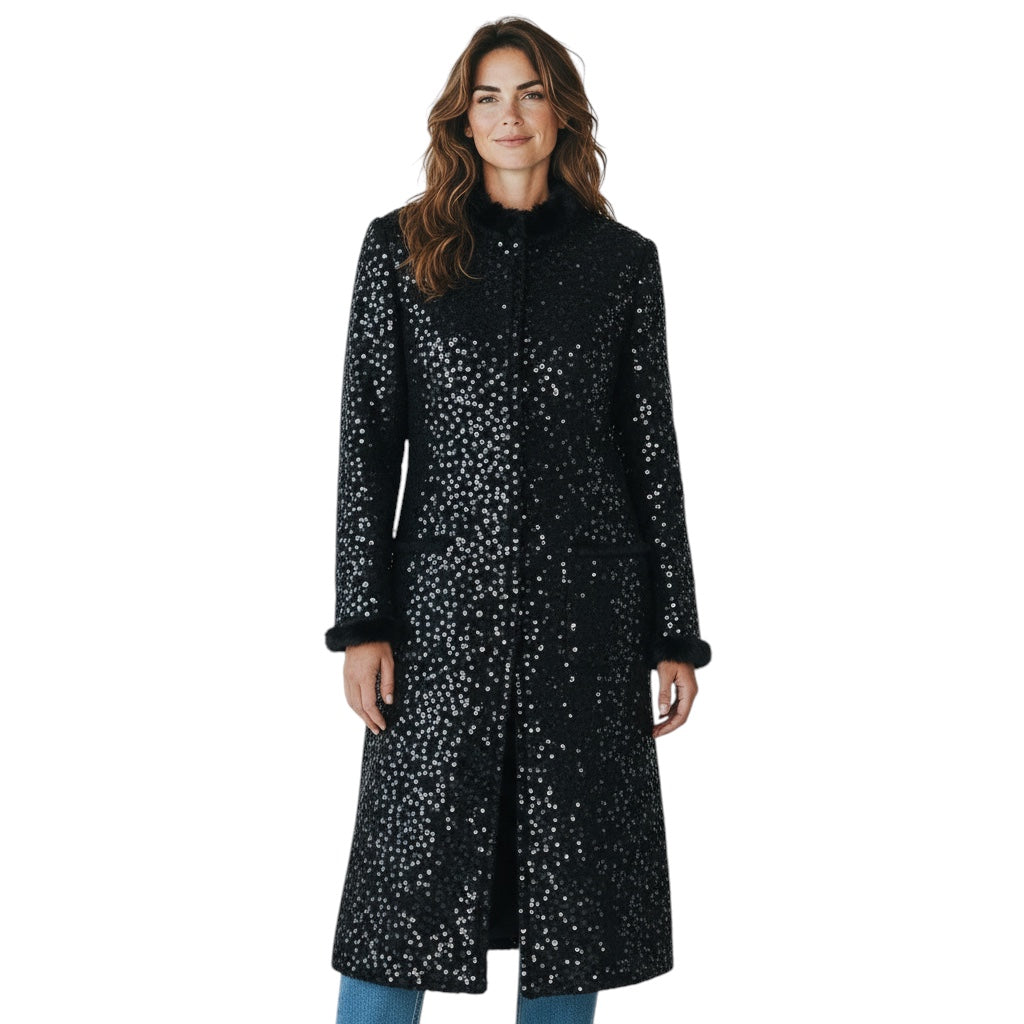 Andrew Gn Black Sequined Mid Length Tweed Coat with Mink Fur Trim