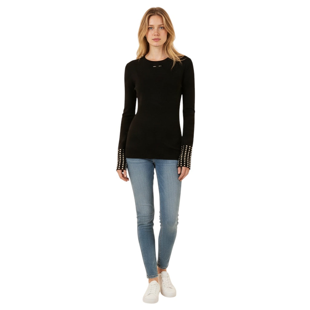 Barbara Bui Black / Silver Stud Embellished Wool Knit Crewneck Pullover Sweater