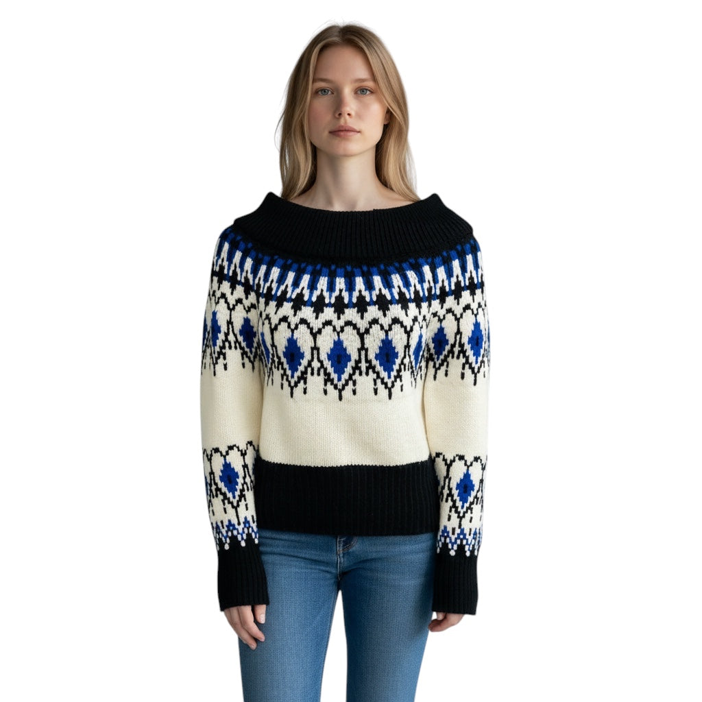 Alexander McQueen Black / Ivory / Blue Fairisle Cropped Knit Sweater