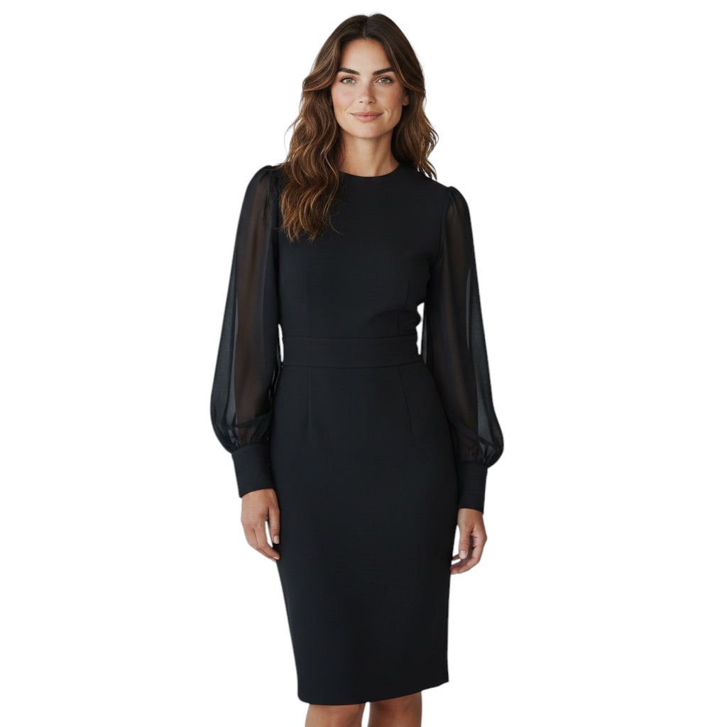 Gucci Black Fitted Jersey Stretch Knit Dress with Sheer Silk Chiffon Sleeves