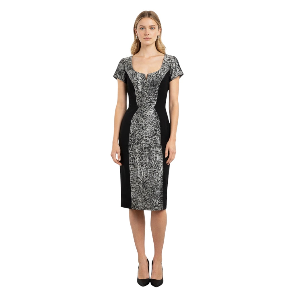 Carolina Herrera Black / Silver Metallic Short Sleeved Silk Jacquard Midi Cocktail Dress