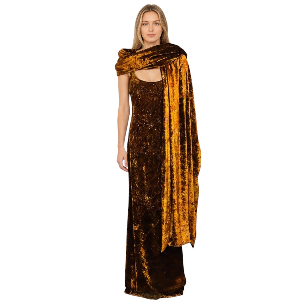 Badgley Mischka Couture Vintage Copper Embellished Velvet Gown with Shawl
