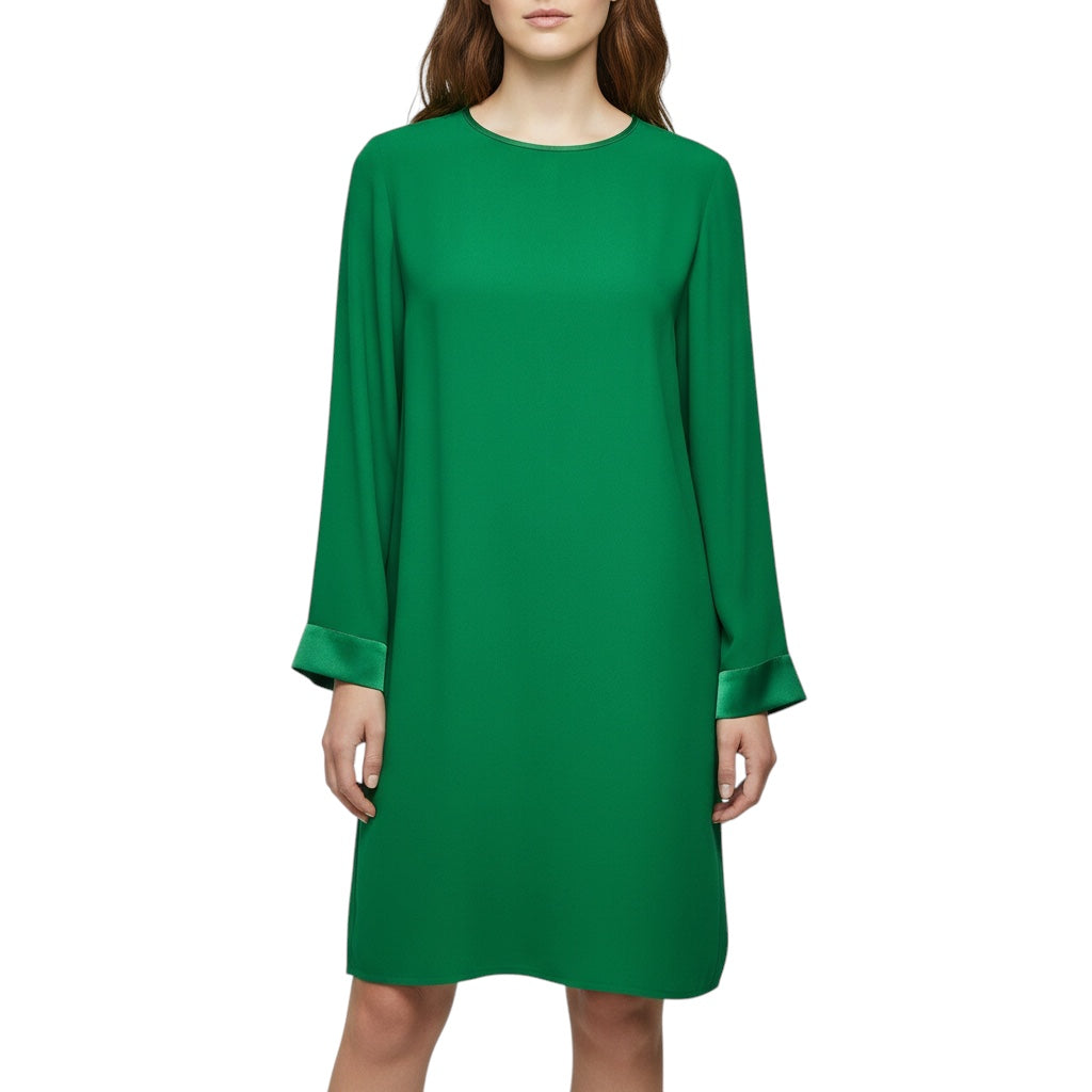 St. John Emerald Green Long Sleeved Crepe Dress with Satin Cuffs