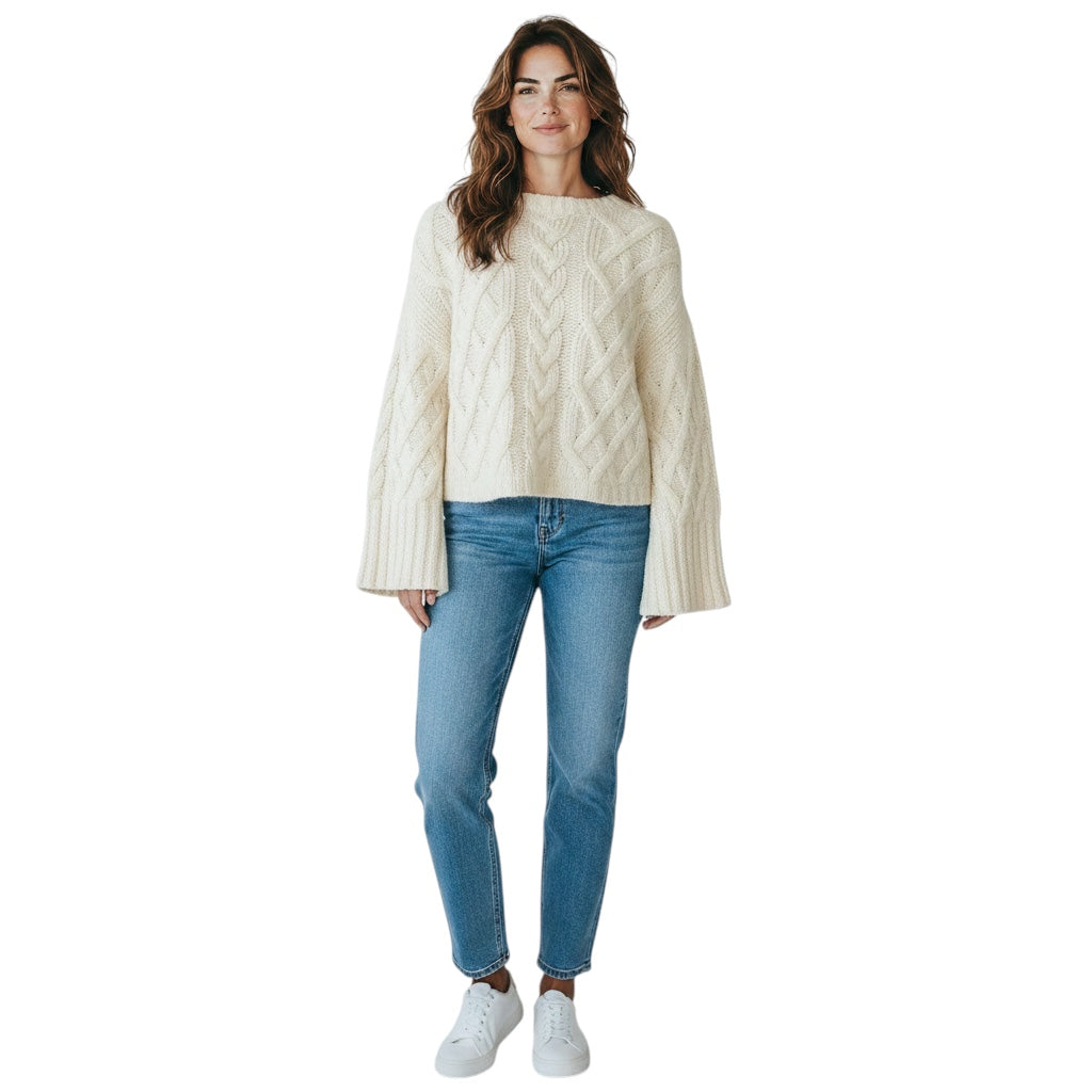 Brunello Cucinelli Ivory Long Sleeved Cable Knit Cashmere and Silk Sweater