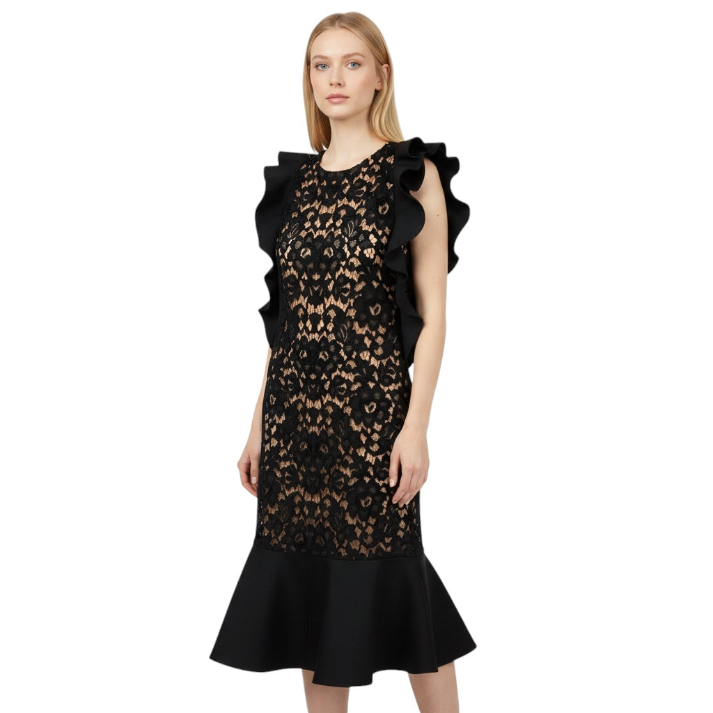 Michael Kors Collection Black / Nude Ruffled Lace Cocktail Dress