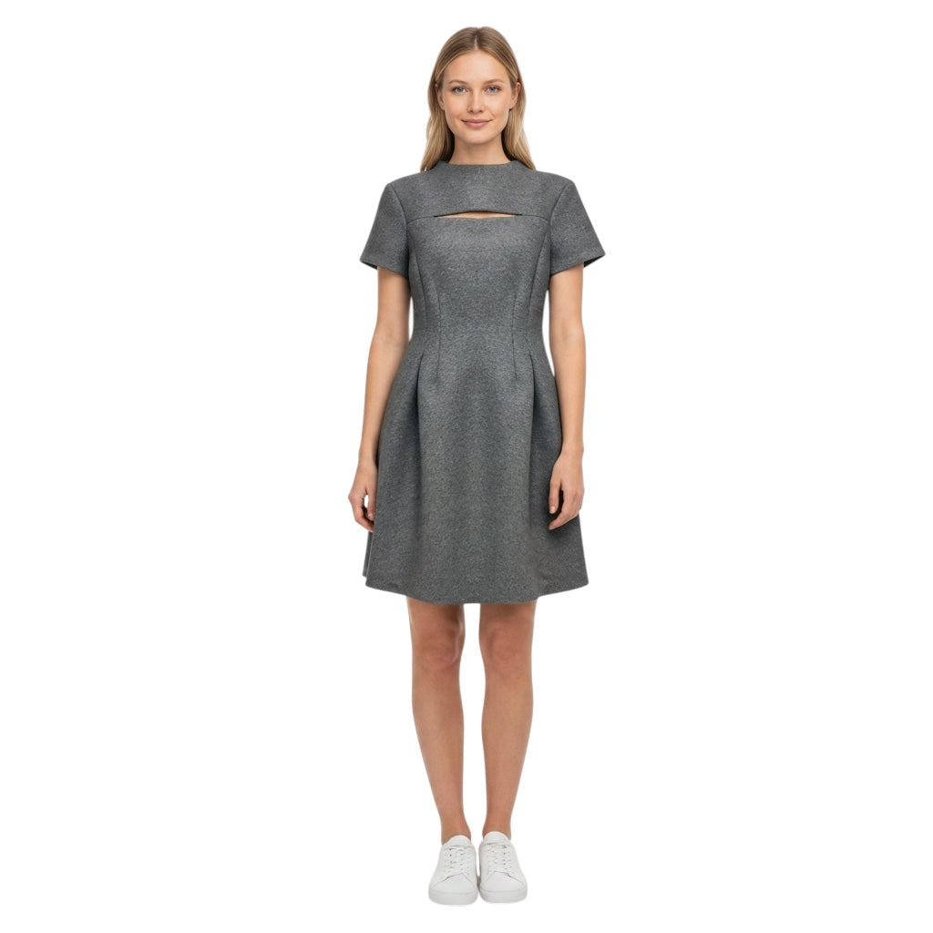 Dorothee Schumacher Grey Short Sleeved Flared Wool Dress with Cut Out Detail