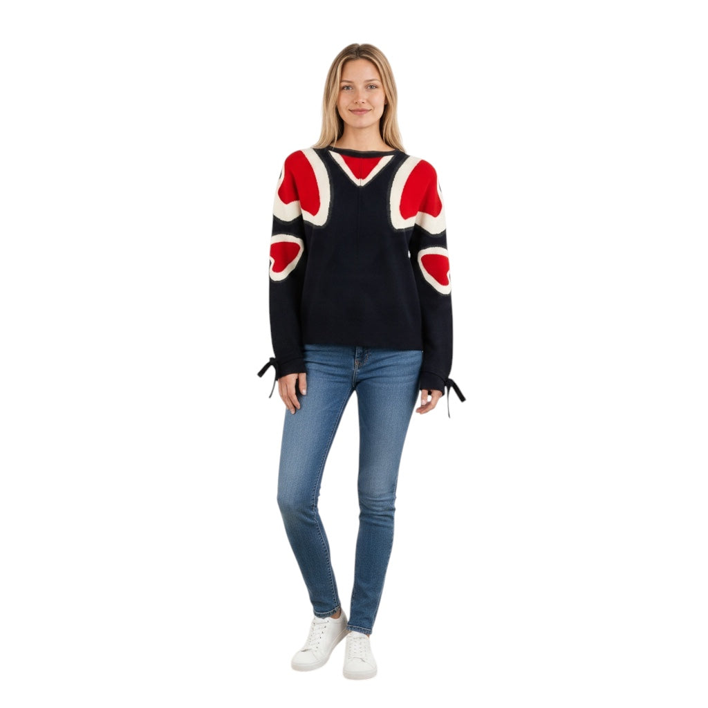 Stella McCartney Navy Blue / White / Red Heart Patterned Wool Knit Pullover Sweater
