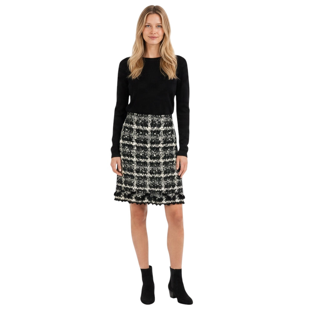 Oscar de la Renta Black / White / Charcoal Grey Tweed Skirt with Mink Fur Trim