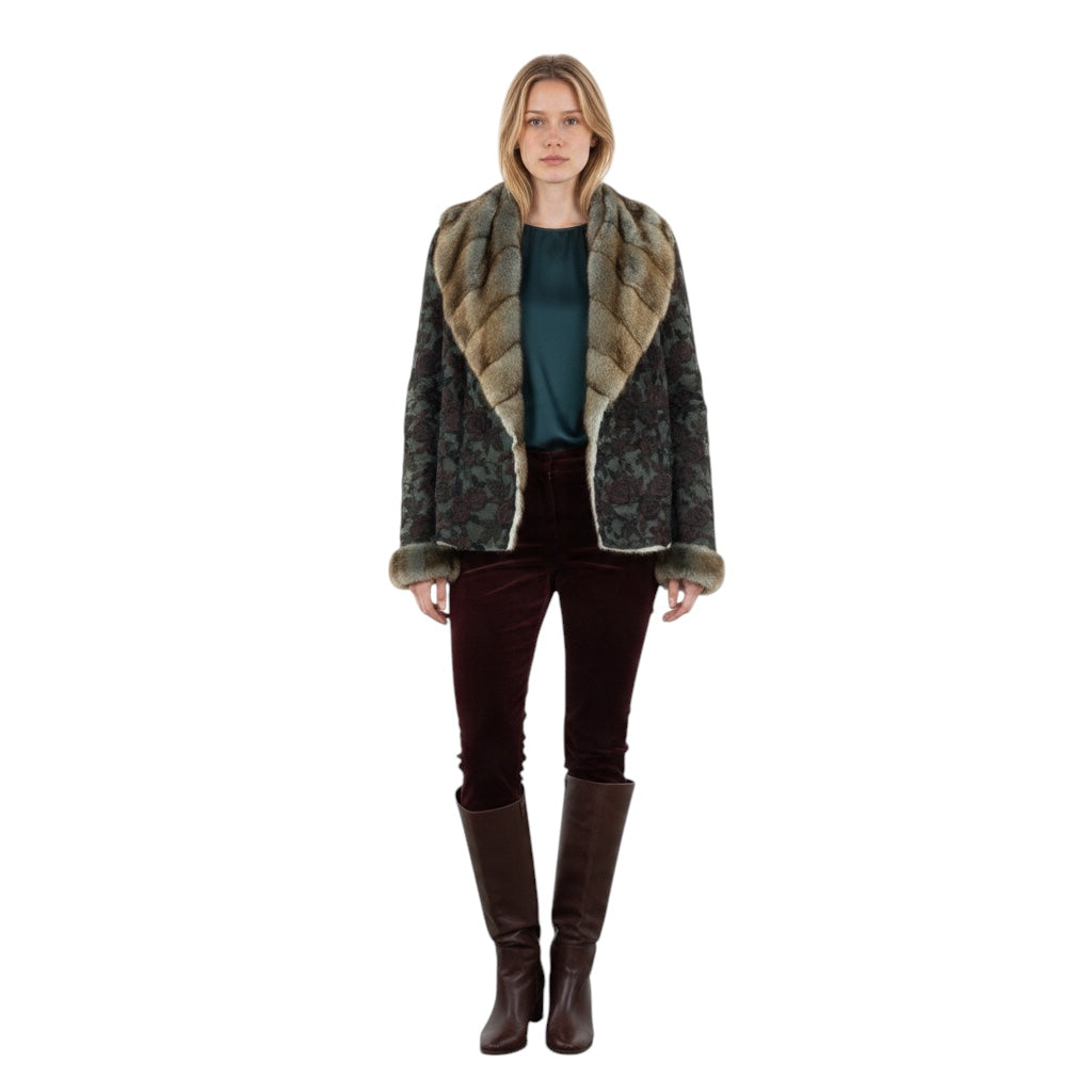 Giuliana Teso Slate Blue / Purple Floral Embroidered Mesh Tulle Lace Jacket with Mink Fur