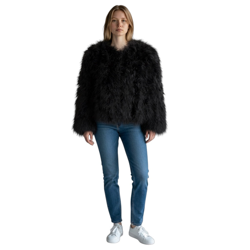 Yves Salomon Black Turkey Feather Cropped Jacket