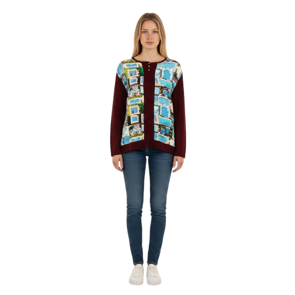 Maison Margiela Burgundy / Blue Multi Pool Scarf Print Silk and Wool Knit Sweater