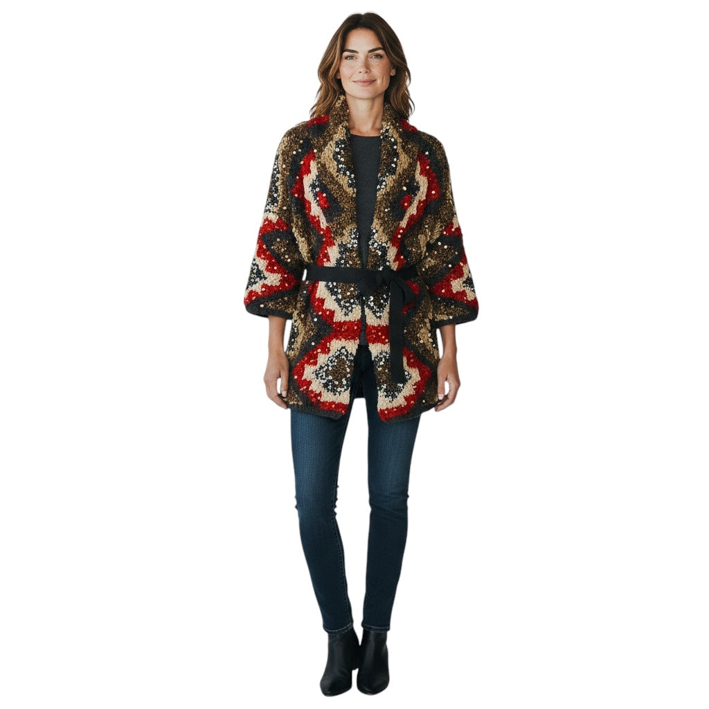 Brunello Cucinelli Red / Grey / Beige Multi Chunky Knit Belted Cardigan with Sequin Embellishments