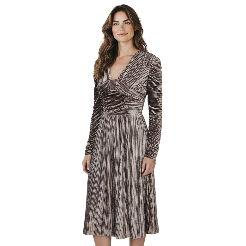 Burberry Taupe Long Sleeved Ribbed Velvet Midi Dress