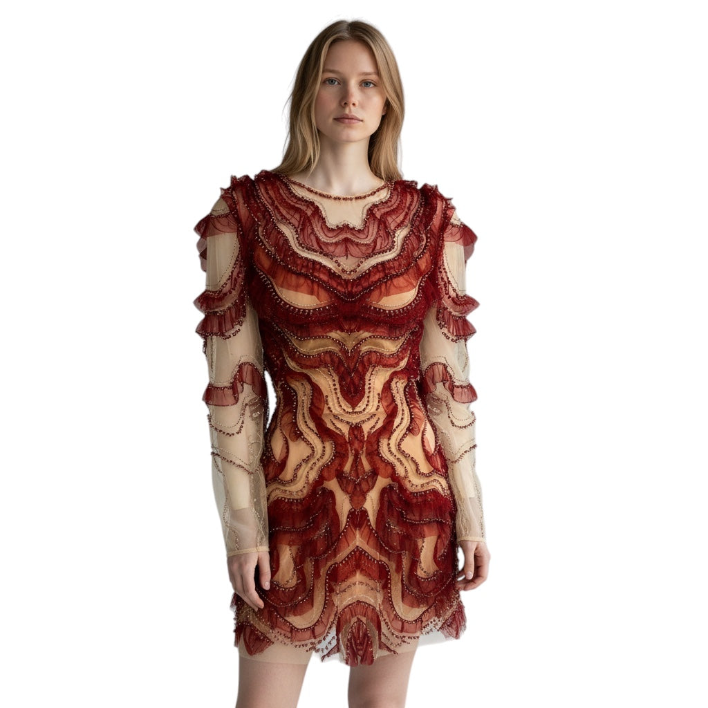 Jenny Packham Garnet Red / Nude Embellished Mesh Tulle Cocktail Dress