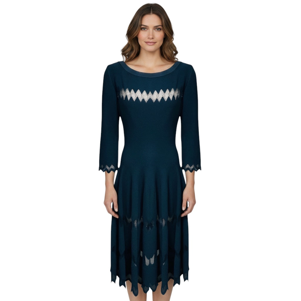 Alaia Slate Blue Zig Zag Mesh Detailed Viscose Knit Midi Dress