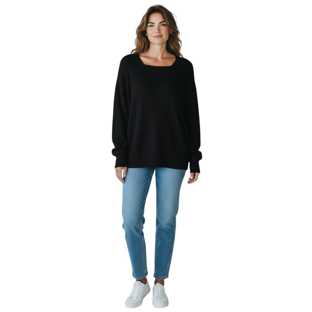 Chanel Black Square Neck Long Sleeved Cashmere Knit Pullover Sweater with CC Logo Embroidery