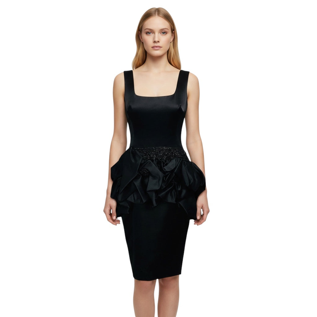 Marchesa Black Bead Embellished Ruffled Sleeveless Satin Cocktail Dress
