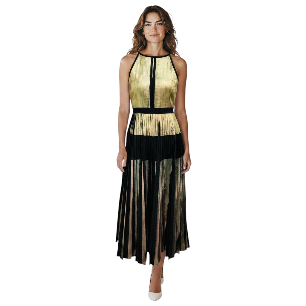 Proenza Schouler Gold Metallic / Black Sleeveless Pleated Cocktail Dress