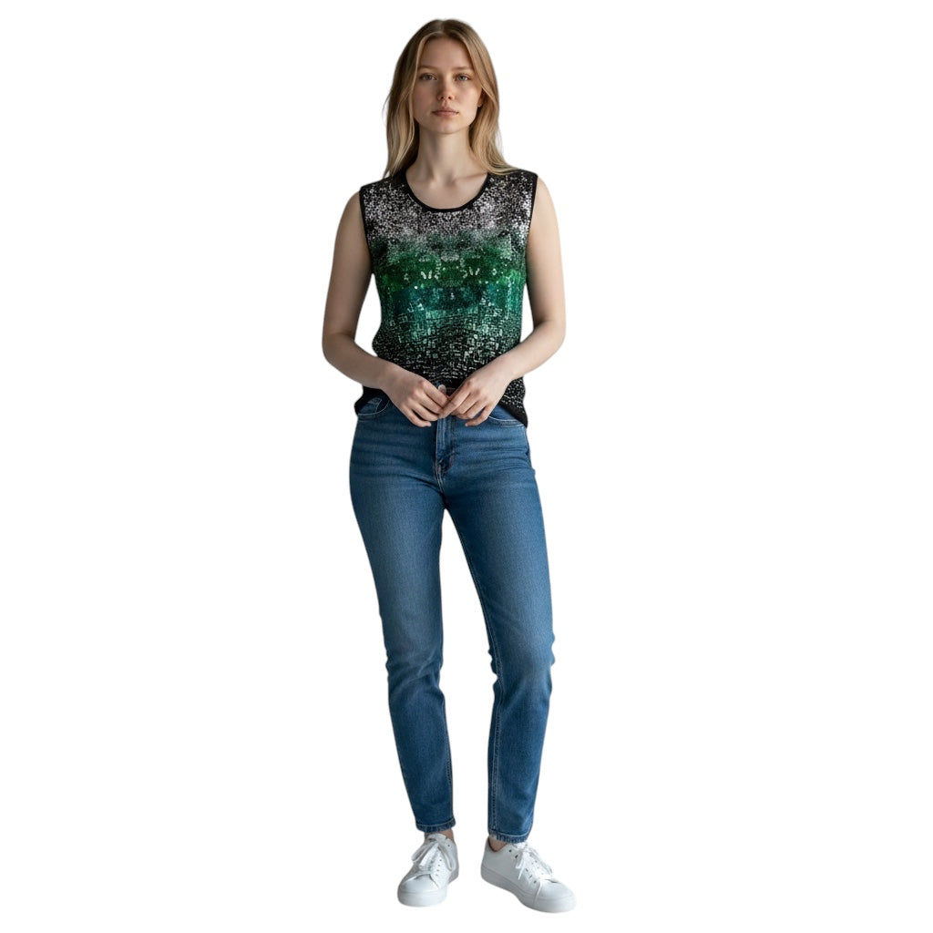 Oscar de la Renta Black / Green / Silver Metallic Sequined Sleeveless Knit Sweater