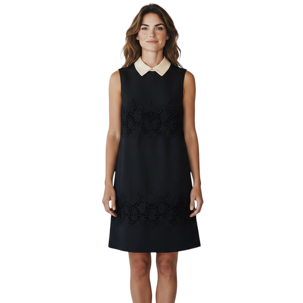 Valentino Black Embroidered Lace and Mesh Tulle Detailed Sleeveless Crepe Dress with Cream Collar