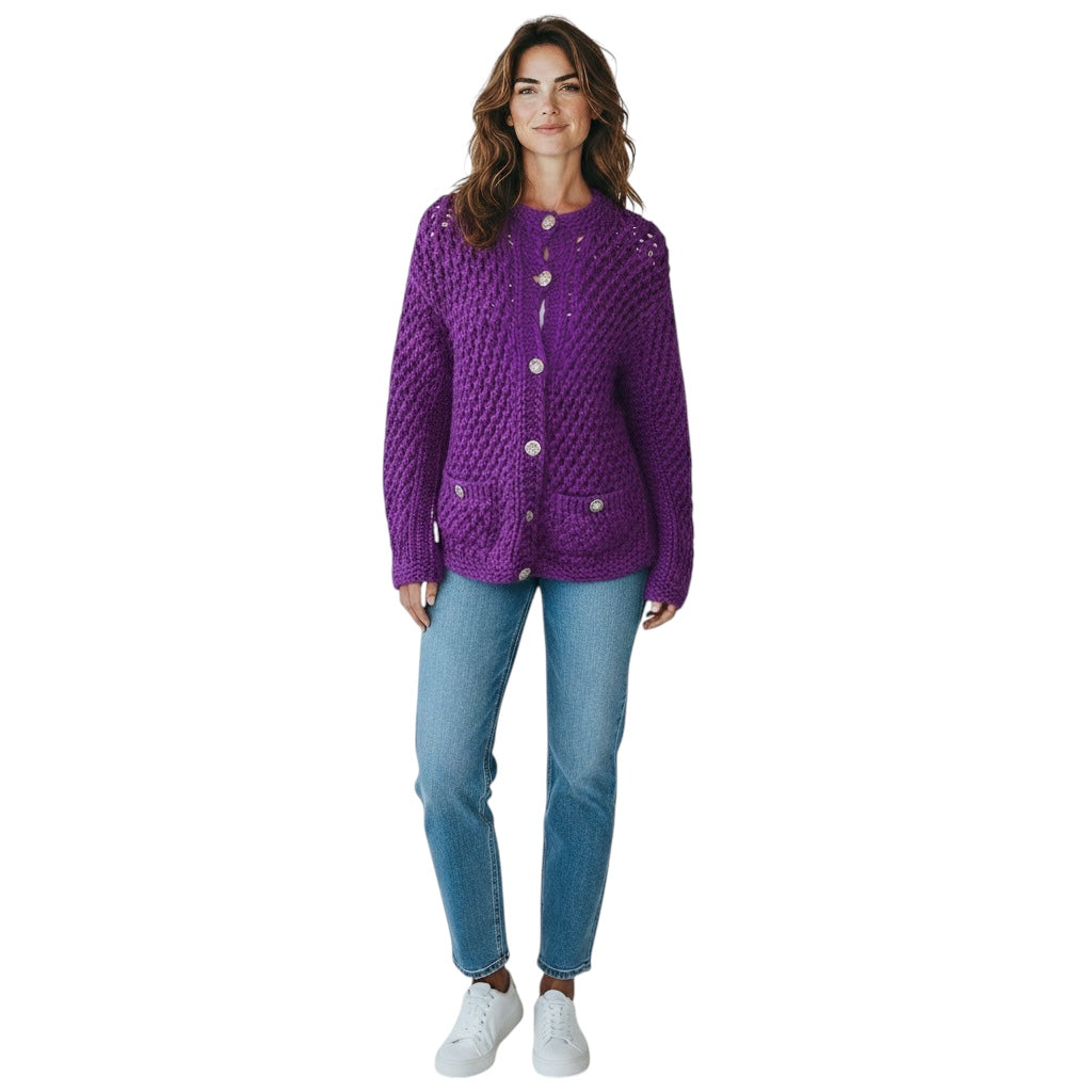 Chanel Purple Chunky Open Knit Cardigan Sweater with Rhinestone Embellished CC Logo Buttons
