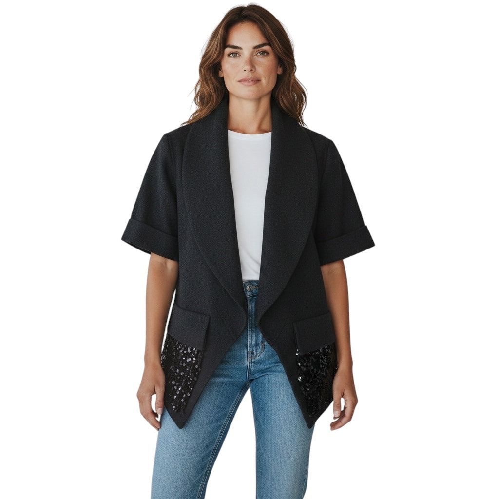 Vera Wang Charcoal Grey Sequin Embellished Short Sleeved Wool Jacket