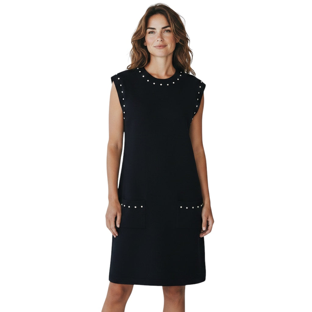 Chanel Navy Blue Faux Pearl Embellished Cotton and Cashmere Knit Dress with CC Logo Plate