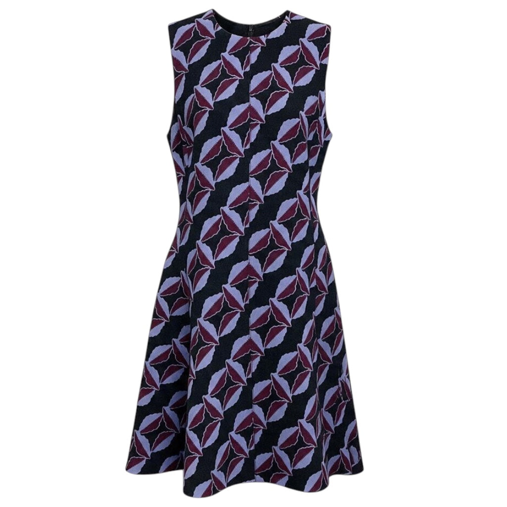 Marni Black / Purple / Burgundy Printed Sleeveless Wool Gauze Flared Midi Dress