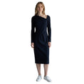 Load image into Gallery viewer, J. Mendel Navy Blue / Black Lamb Leather Trimmed Cashmere Midi Dress
