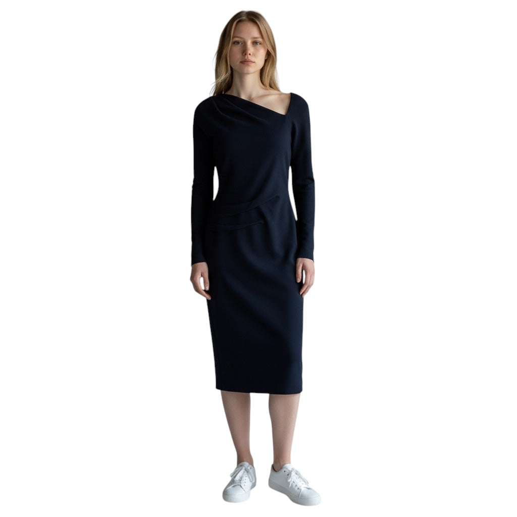 J. Mendel Navy Blue / Black Lamb Leather Trimmed Cashmere Midi Dress