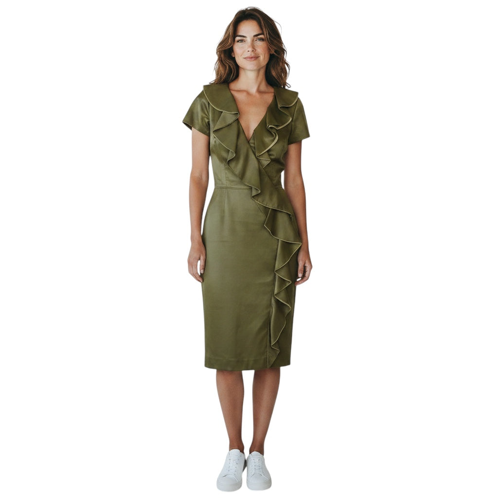 Oscar de la Renta Olive Green Ruffled Short Sleeved Leather Midi Dress