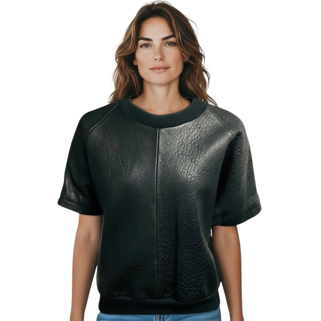 Vera Wang Collection Black Lamb Leather Short Sleeved Top