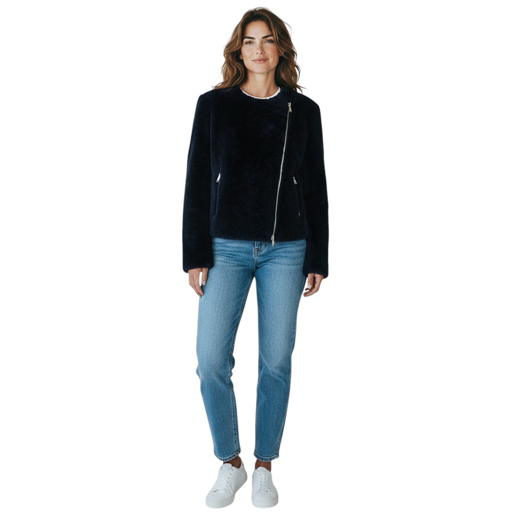 Celine Navy Blue Zip Front Lambskin Shearling Jacket