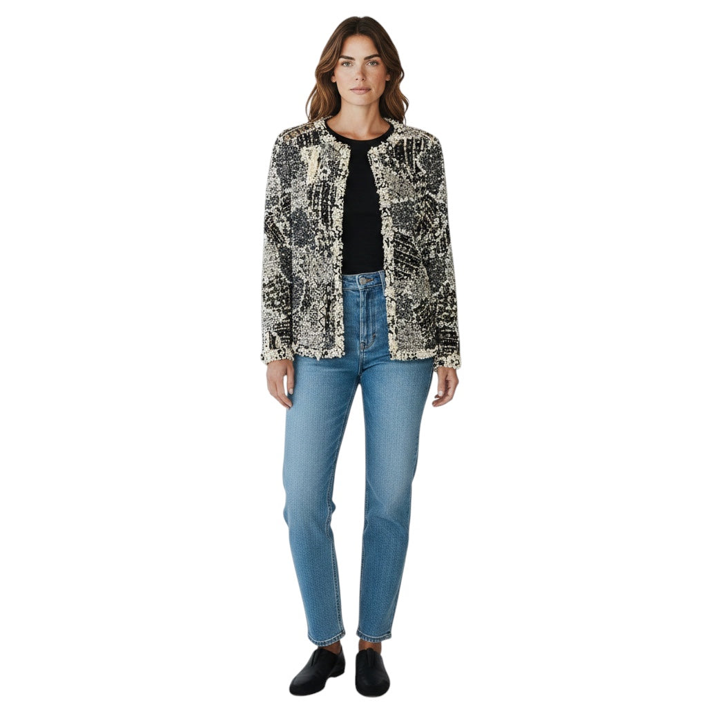 Oscar de la Renta Ivory / Black Pearl and Bead Embellished Knit Jacket with Sequins