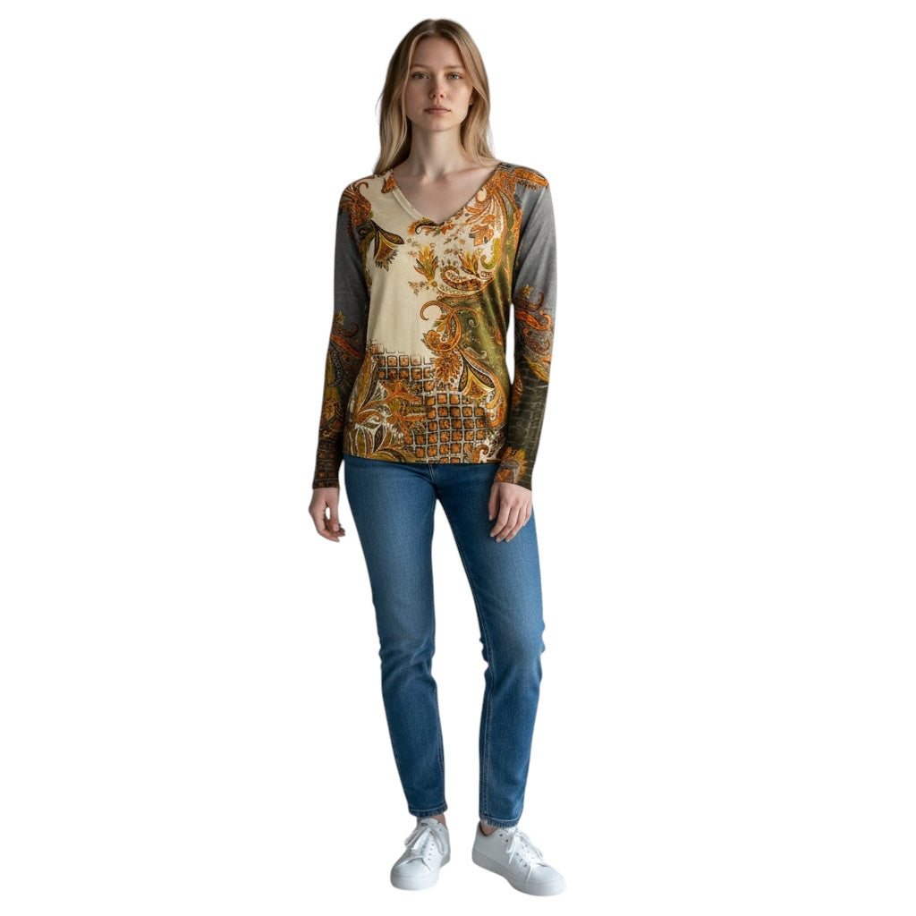 Etro Beige / Grey Multi Paisley Patterned Long Sleeved V-Neck Silk and Cashmere Knit Pullover Sweater