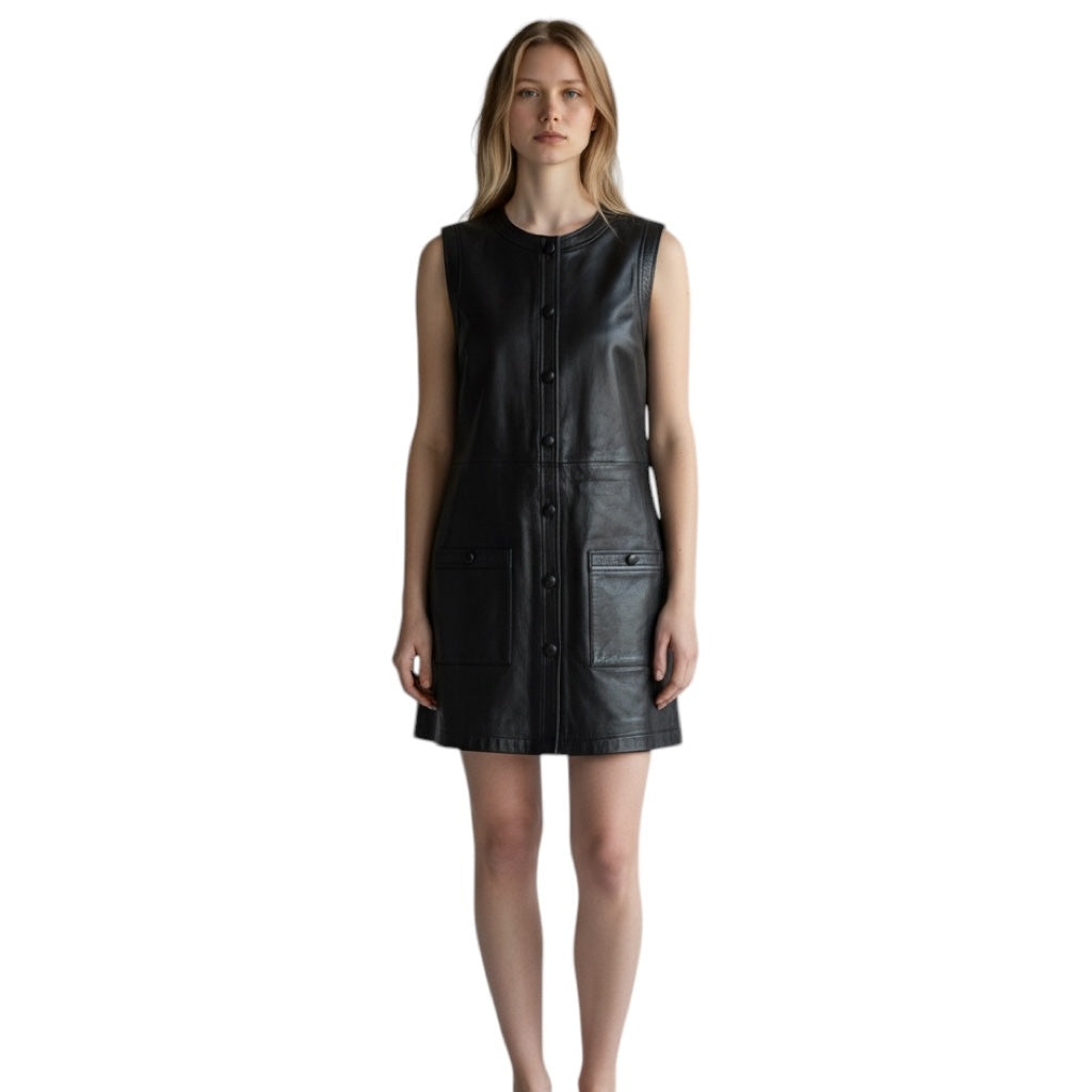 Frame Black Sleeveless Button Front Lamb Leather Dress